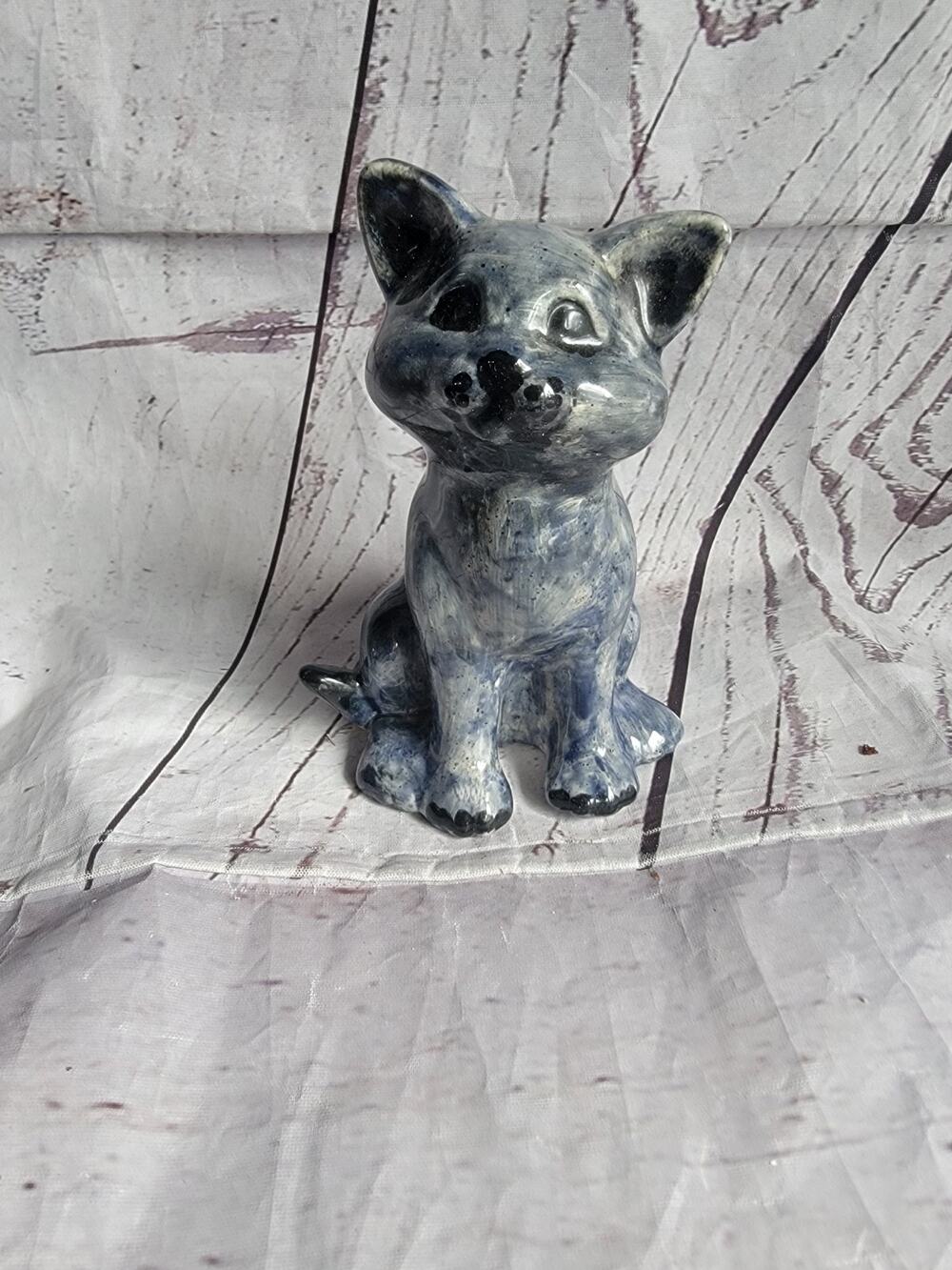 Vintage Ceramic Blue Grey Glassed Cat Figure Mid Century Art Nouveau